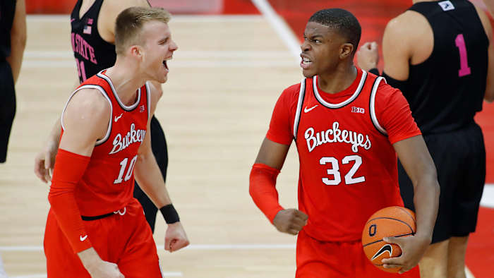 E.J. Liddell and Justin Ahrens celebrate during Ohio State's win over Penn State.